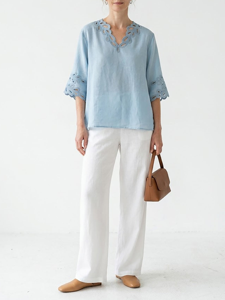 Linen Blouse for Women Embroidered V-Neck Loose Fit Breathable Summer Top