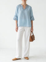 Linen Blouse for Women Embroidered V-Neck Loose Fit Breathable Summer Top
