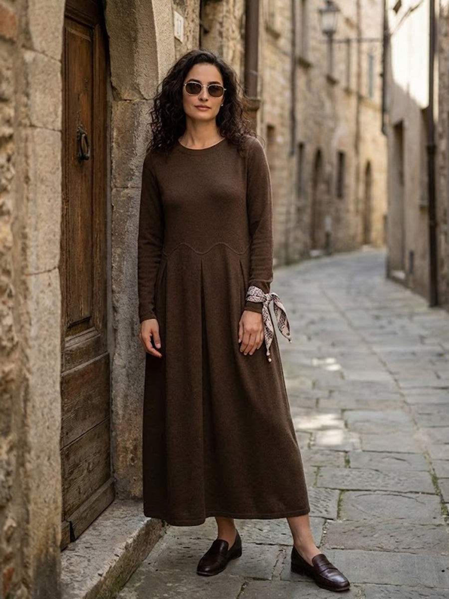 Wool Arc-Panel Sculpted Pleats Maxi Dress