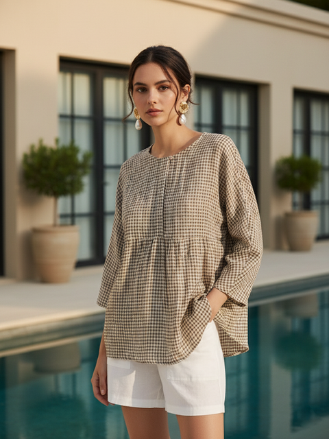 Linen Checked Long-Sleeved Top