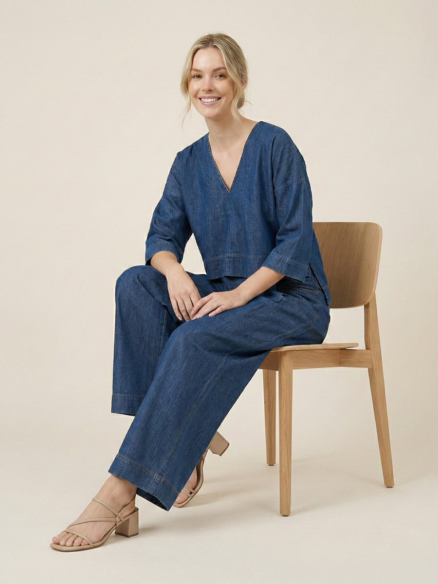 Women's Casual Denim Cotton Top And Pants Two-piece Set