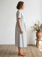 Womens Linen Pinstripe Paneled Short-Sleeved Dress