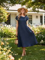 Linen Crescent Collar Flutter Sleeve Midi Dress