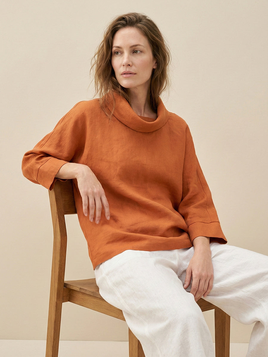 Linen Dropped Collar Long-Sleeve Top