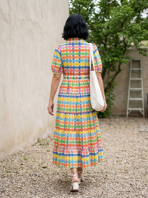 Colorful Square Art Print Collared Shirt Dress
