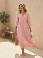 Linen Loose Fit Button Waist Gathered Maxi Dress