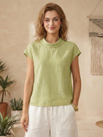Linen Cap Sleeve Soft-Fold Collar Top