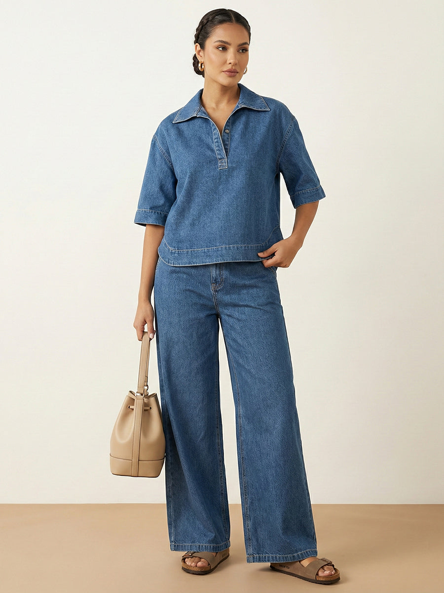 Women's Casual 100% Cotton Denim Top And Wide-leg Pants Two-piece Set