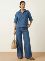 Women's Casual 100% Cotton Denim Top And Wide-leg Pants Two-piece Set