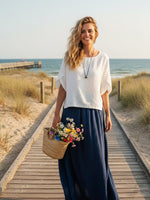 Linen Round Neck Petal-Sleeve Pullover White / S