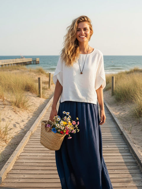 Linen Round Neck Petal-Sleeve Pullover White / S