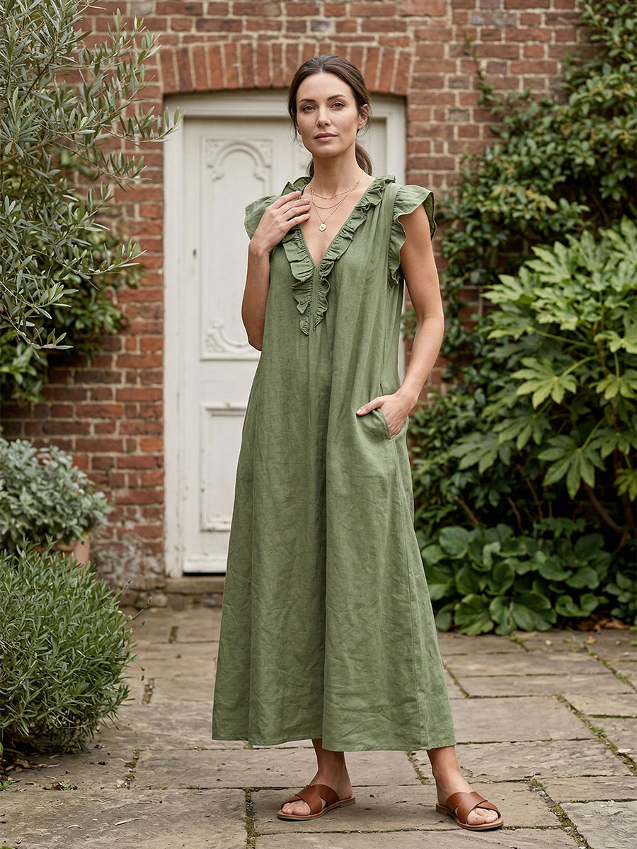 Women's Solid Color Ruffled Art Casual Fashion Cozy Cotton Linen Dress
