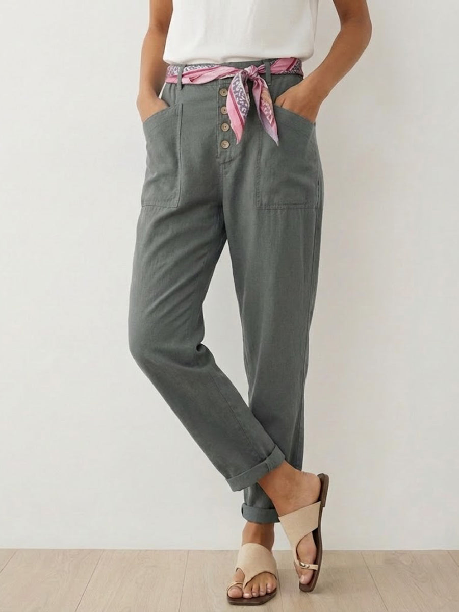Women's Linen Simple Button Fly Trousers