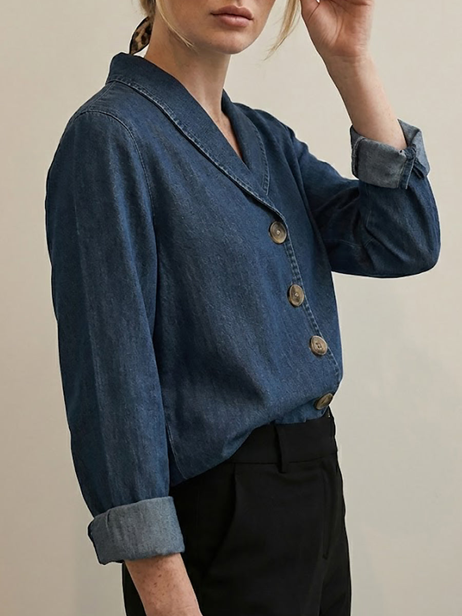 Fiorachic Women‘s Vintage Shawl Collar Button-up Denim Cotton Top