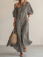 FIORACHIC Women’s Striped Off-Shoulder Maxi Dress – Elegant Summer Vacation Dress