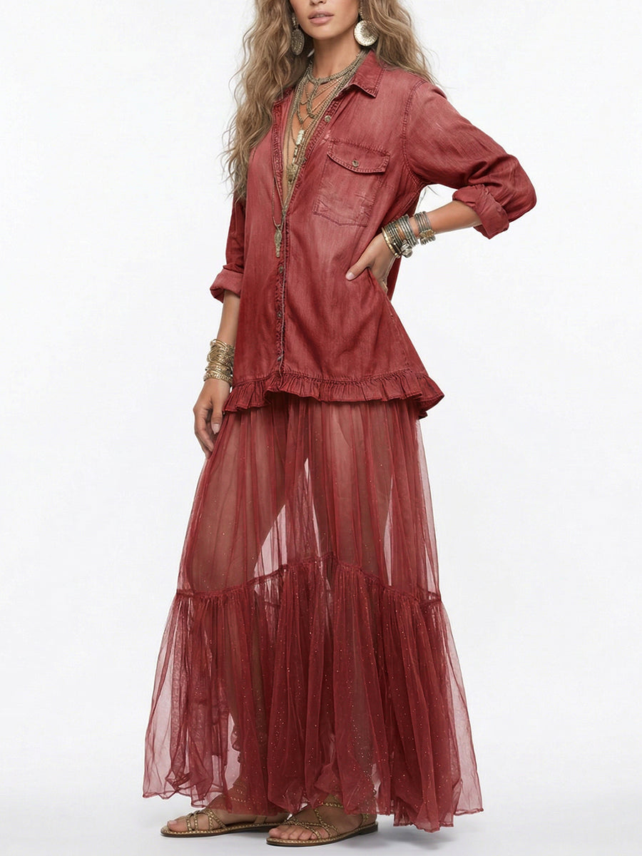 Mother’s Day Vintage Denim Patchwork Maxi Dress – Elegant & Timeless Gift