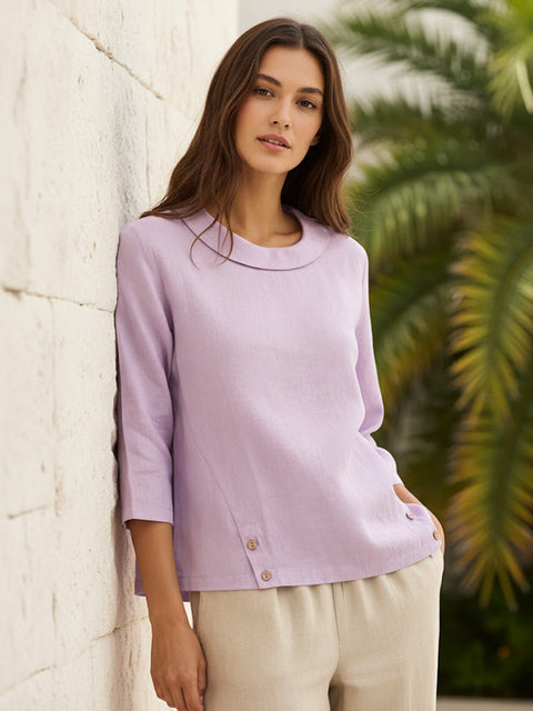 Linen Gingham Checked Round Soft-Fold Collar Top Lavender / 2XL