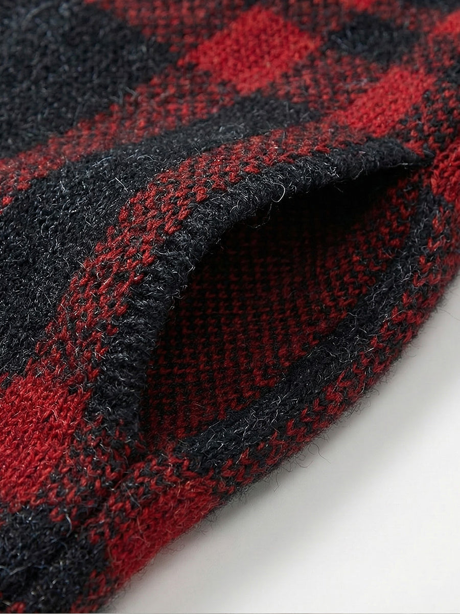 Women’s Loose Red & Black Plaid High-Collar Maxi Dresses