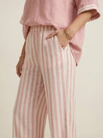 Casual Two-piece Set: Striped Linen & Cotton Patchwork Top And Striped Trousers