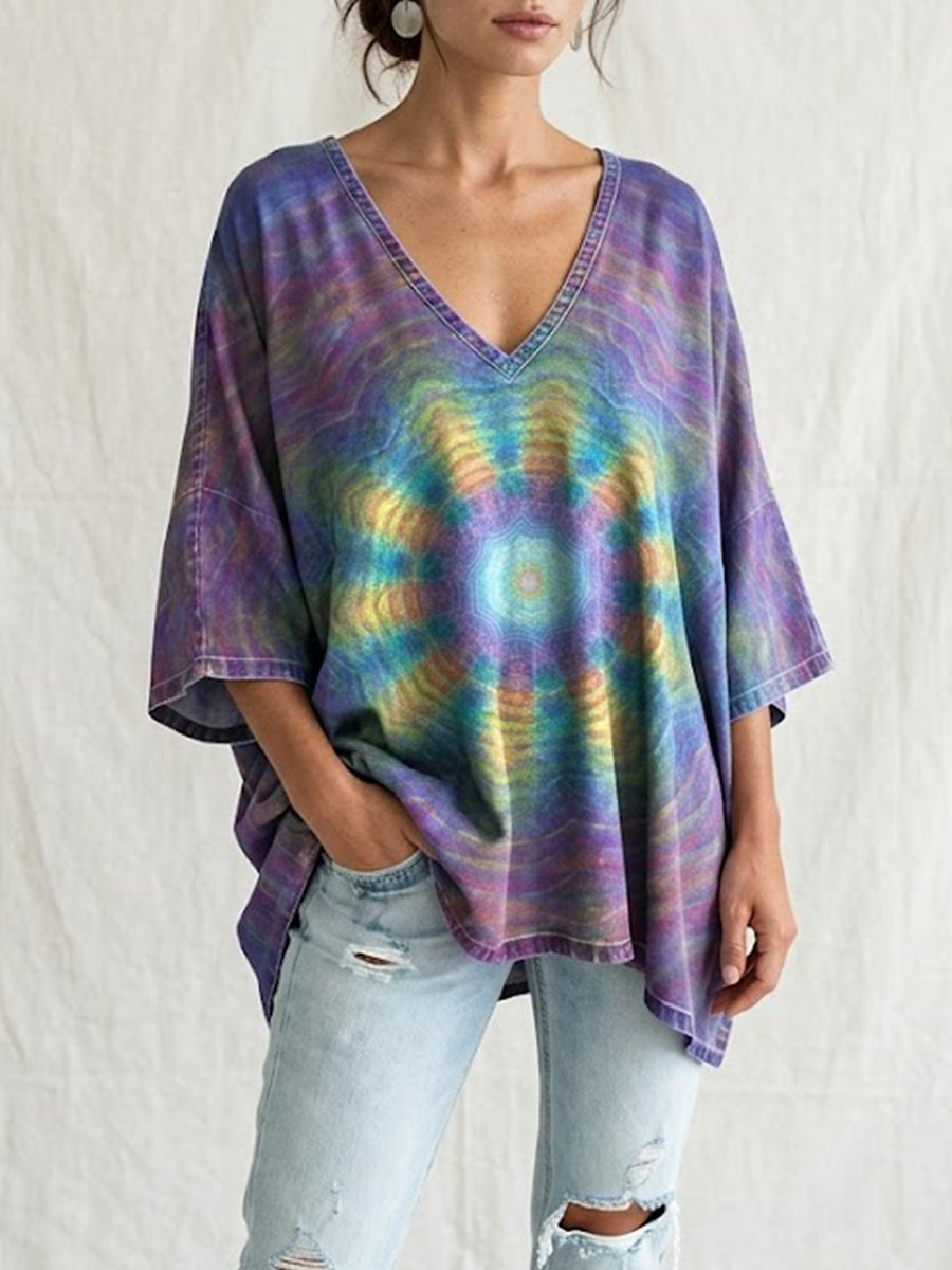 Boho Chic Tie-Dye Denim Poncho Top