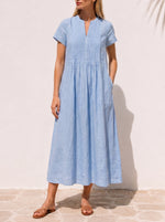 Casual Pleated Linen And Cotton Short-sleeve Dress