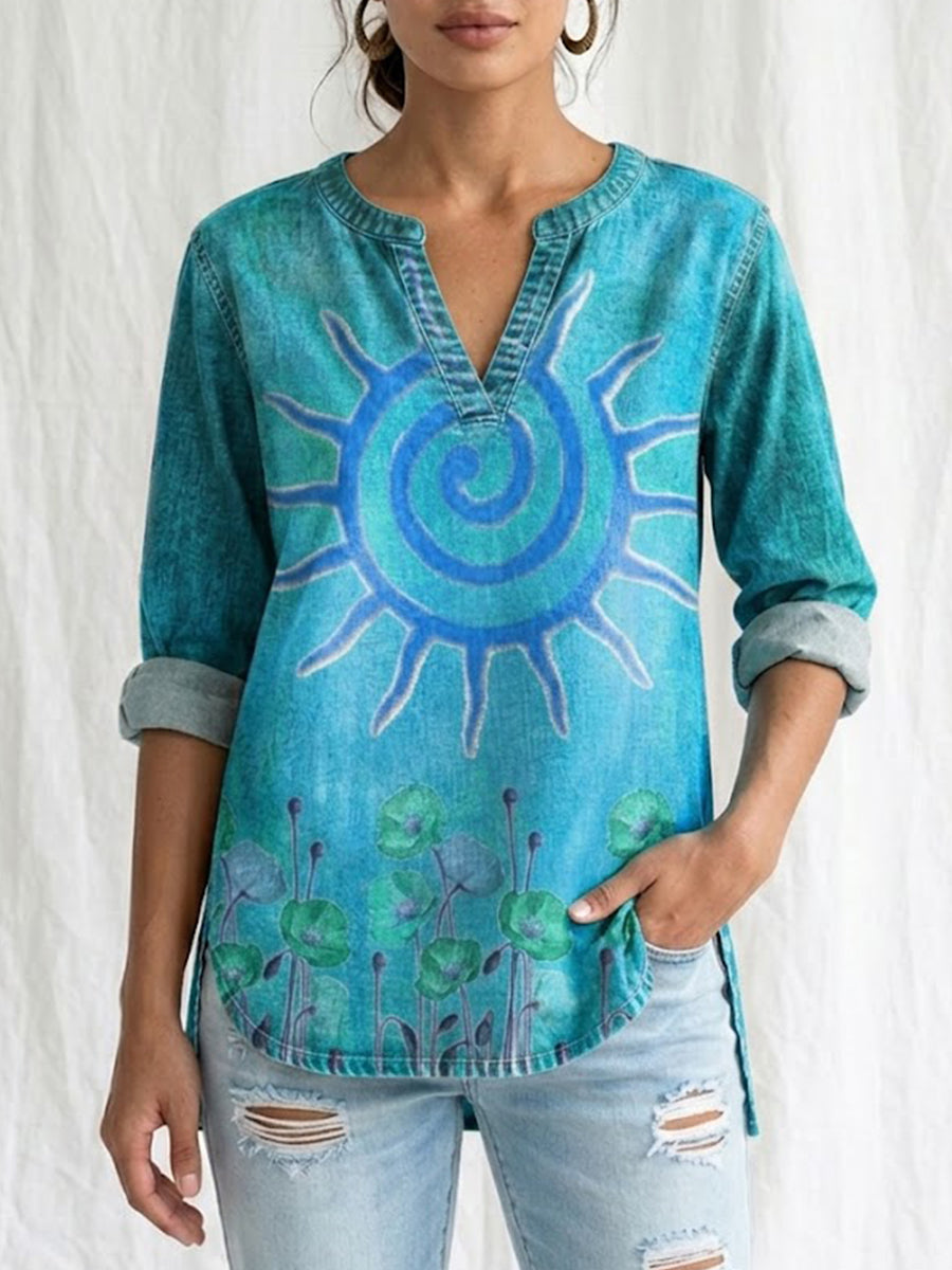 Artistic Sun & Floral Print V-Neck Blouse