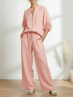 Womens Stylish Cozy Shirt & Wide-Leg Pants Linen Cotton Two-Piece Set