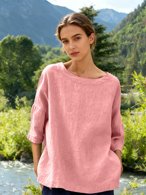Linen Boatneck 3/4 Length Sleeve Top Pink / S
