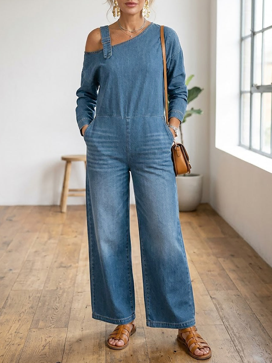 Women's Fashionable Off-the-shoulder Denim Jumpsuit