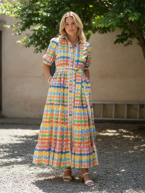 Colorful Square Art Print Collared Shirt Dress