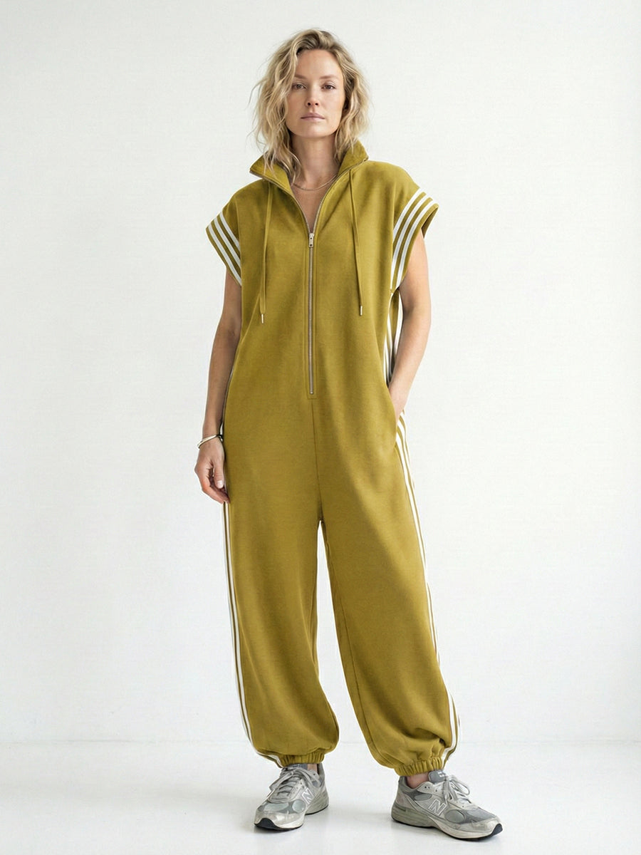 Women's Stand Collar Short Sleeve Cotton Wide-Leg Jumpsuit – Casual Loose Fit