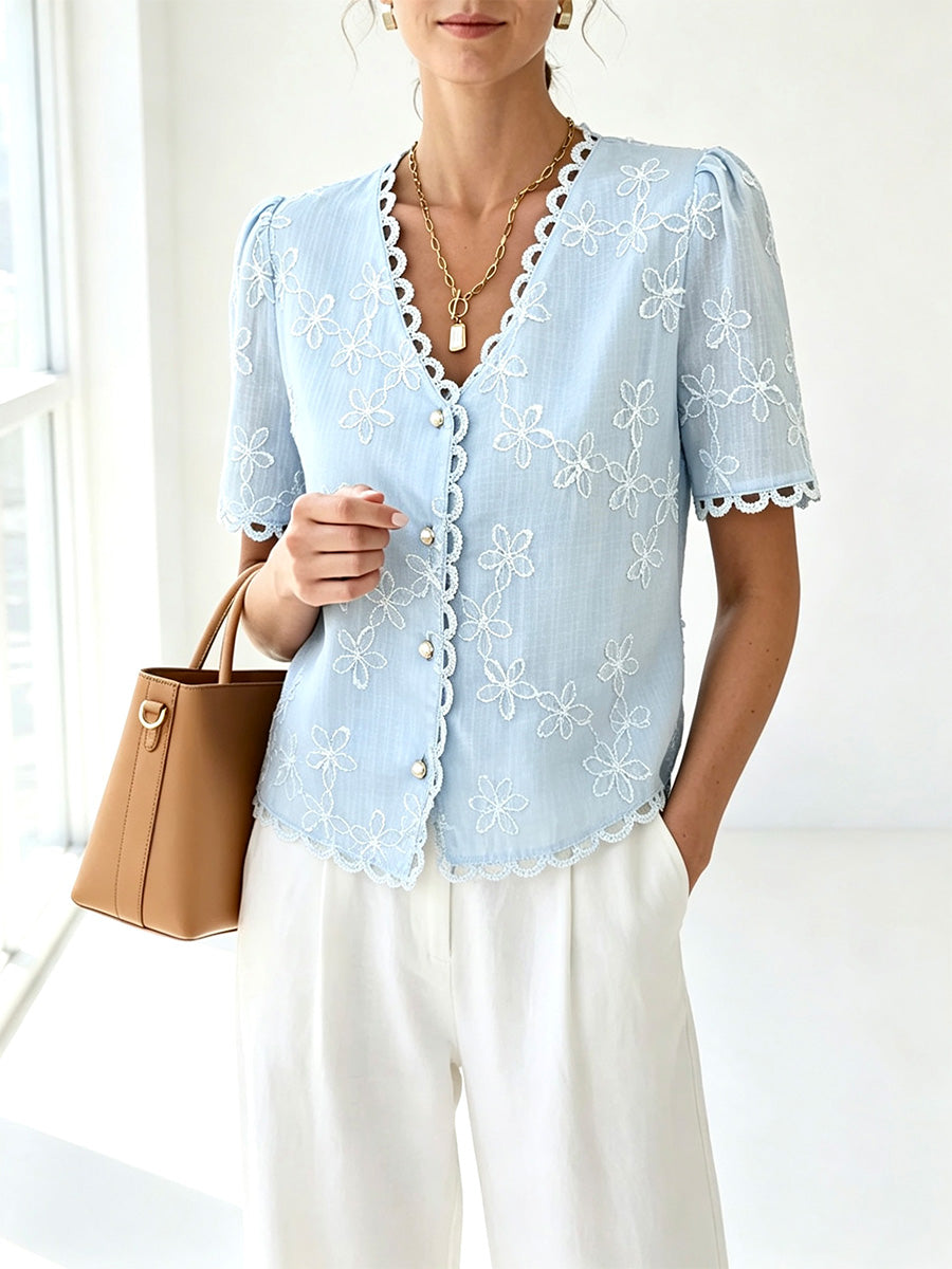 Light Blue Floral Embroidered Lace Trim V-neck Blouse