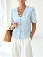Light Blue Floral Embroidered Lace Trim V-neck Blouse