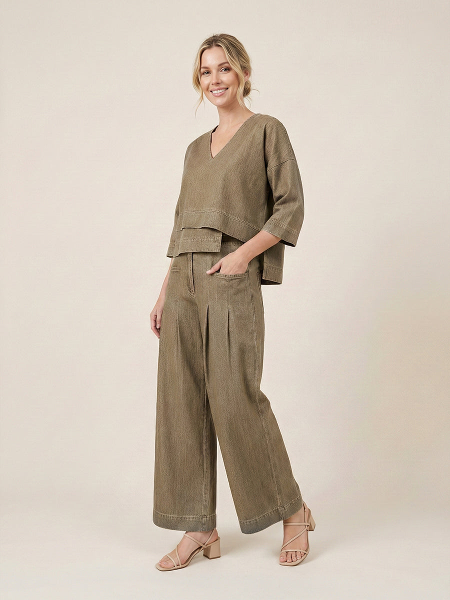 Women's Relaxed V-Neck Cotton-Linen Co-ord Set