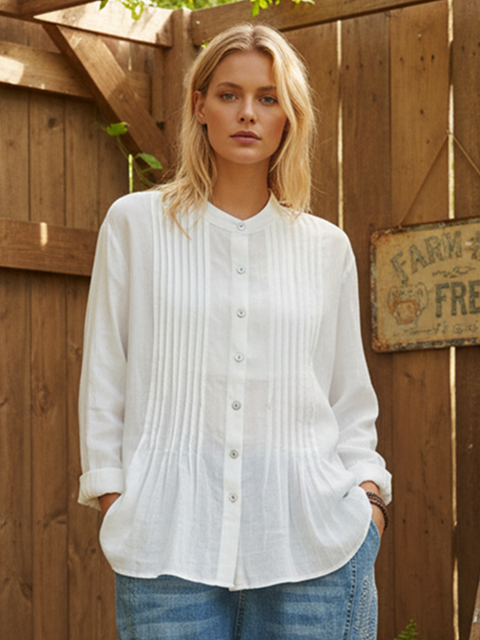 Women’s Casual Cotton And Linen Pleated Shirt WHITE / XL