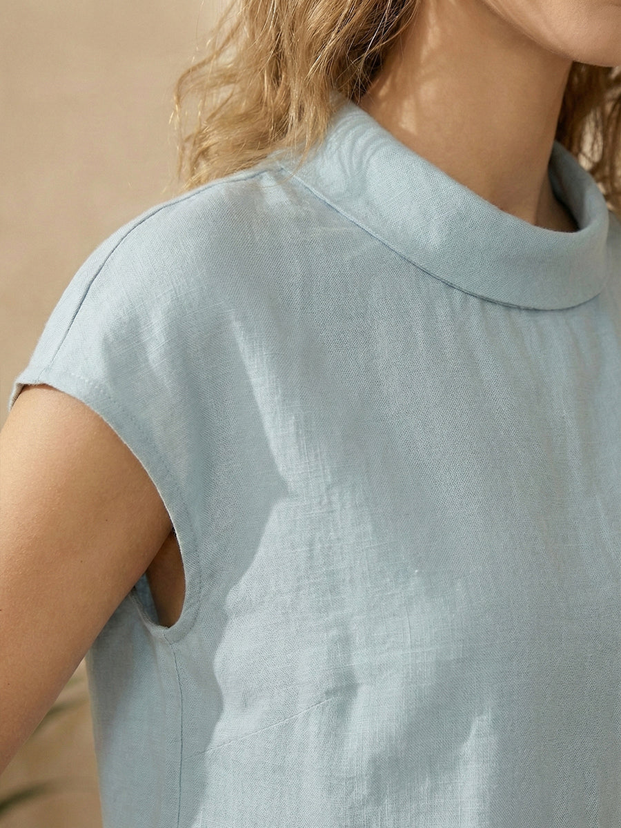 Linen Cap Sleeve Soft-Fold Collar Top