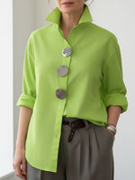 Womens Elegant Stand-collar Metal Buttons Cotton Linen Blouse