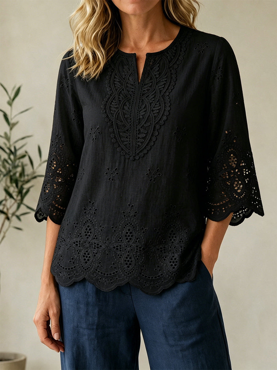 Openwork Embroidered V-neck Shirt With Three-quarter Sleeves And Lace Hem