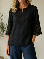 Openwork Embroidered V-neck Shirt With Three-quarter Sleeves And Lace Hem
