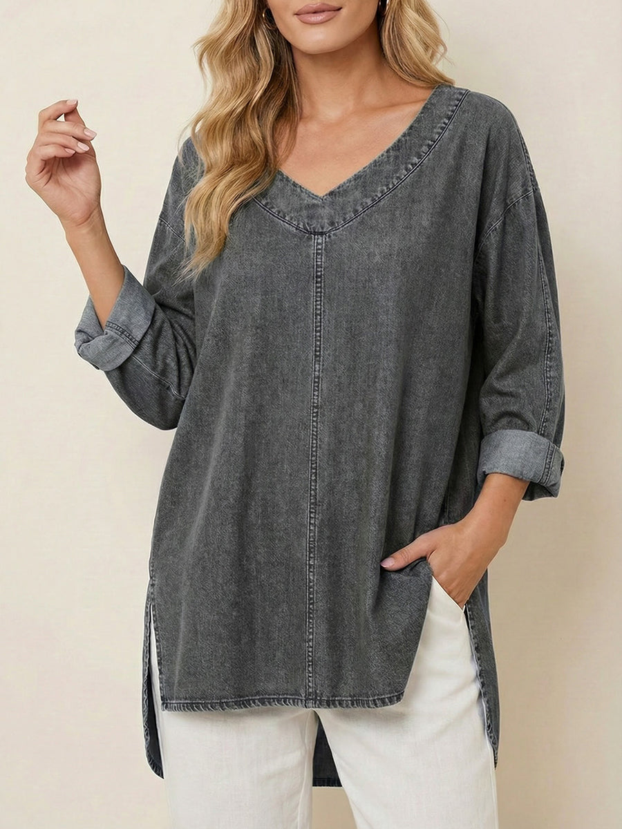 Women's Casual Washed Denim V-Neck Tunic Top