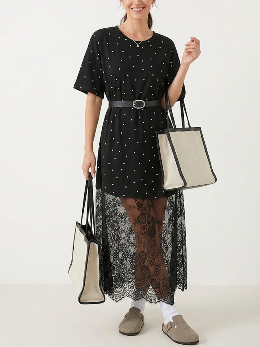 Round-neck, Polka-dot, Short-sleeve, Loose-fit, Casual Lace Dress