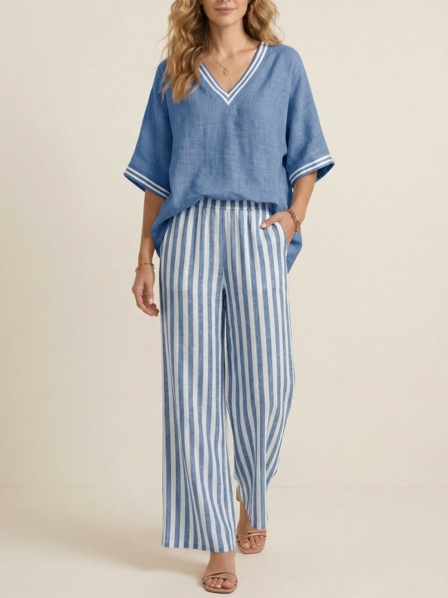 Casual Two-piece Set: Striped Linen & Cotton Patchwork Top And Striped Trousers