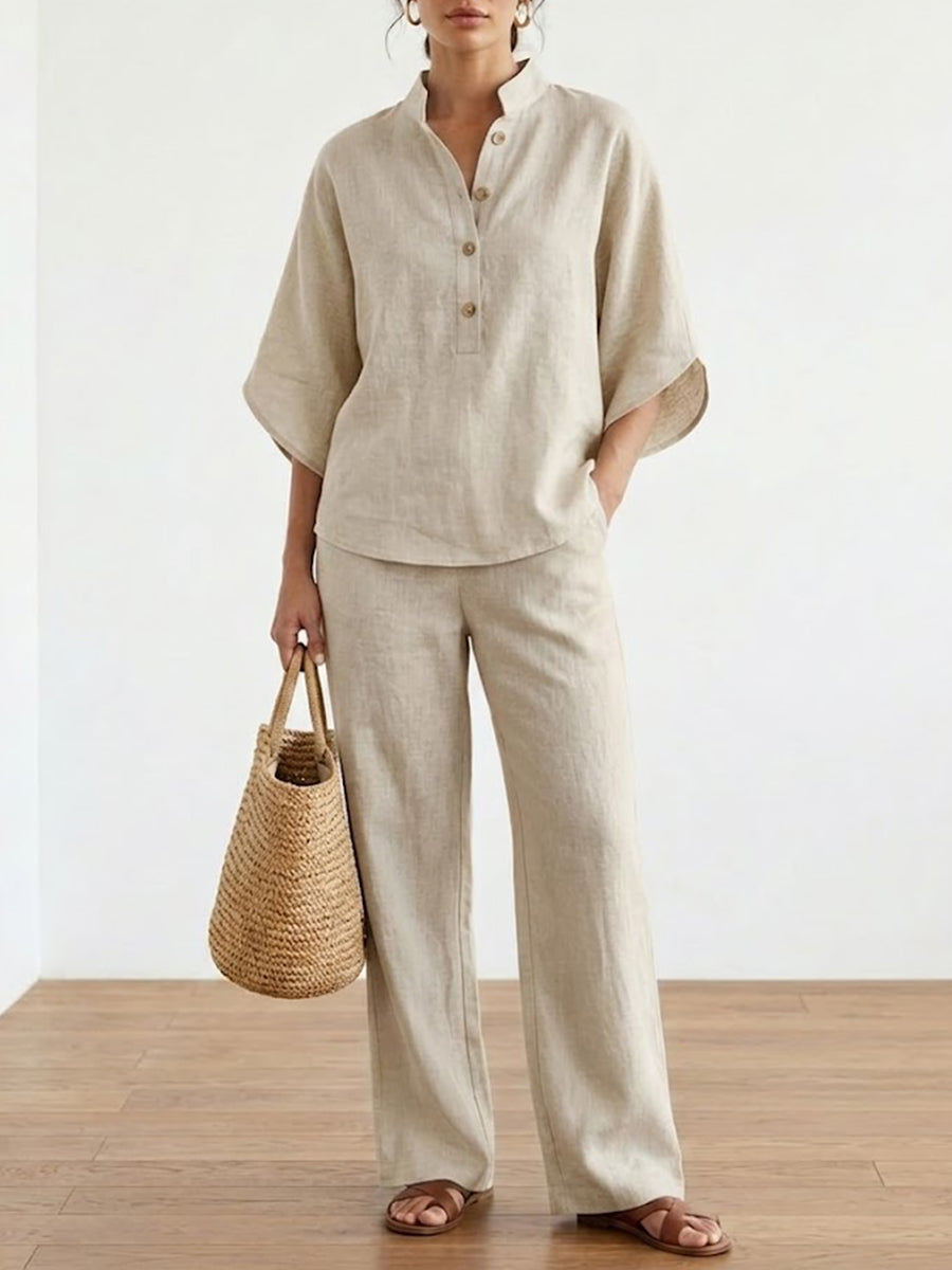 Women's Casual Batwing Sleeve Linen And Cotton Shirt And Trousers Two-piece Set