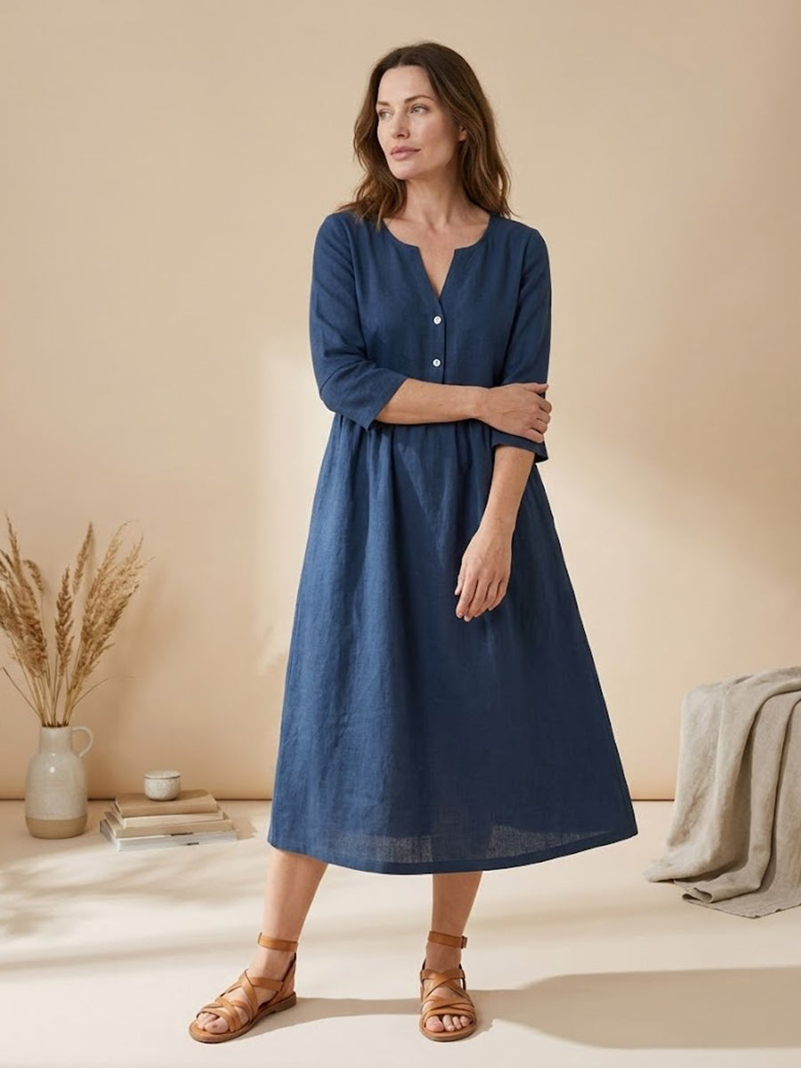 Linen Loose Fit Button Waist Gathered Maxi Dress