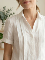 Women's Lapel Short-sleeved Casual Loose Pleated Cotton And Linen Shirt