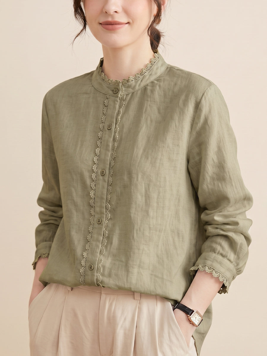 Women’s Minimal Lace Cotton Linen Top – Loose Fit Breathable Summer Blouse
