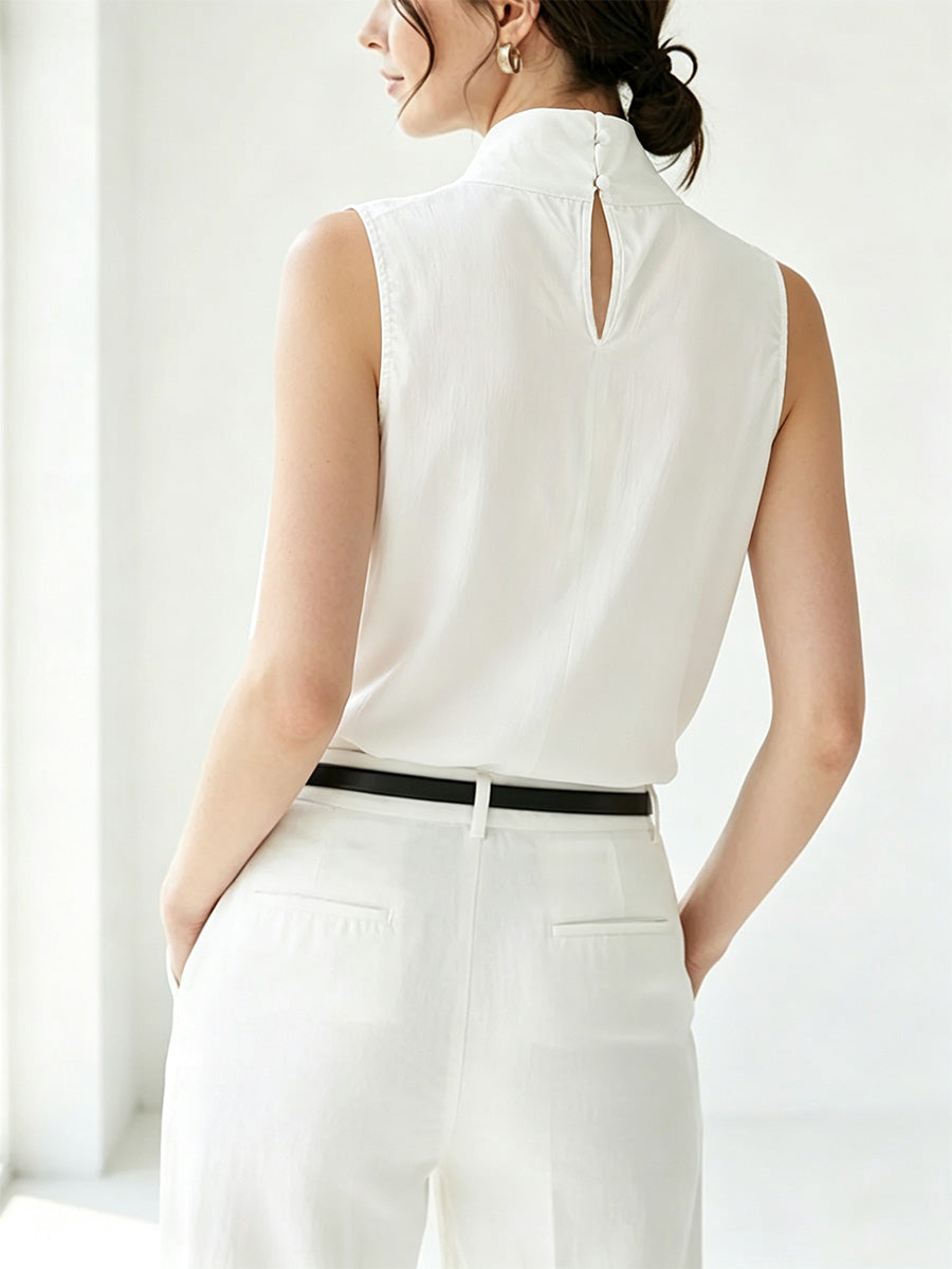 White Linen Cotton Sleeveless Blouse With Eyelet Cutout Details
