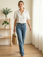 Women's Loose-fit Lace-trimmed Cotton-linen Short-sleeve Casual Shirt