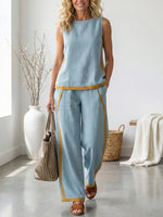 Women's Round Neck Sleeveless Casual Loose Top And High-waisted Loose Wide-leg Pants Cotton And Linen Set