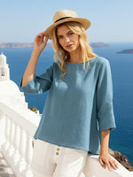 Linen Round Neck Asymmetrical Hem Top Blue / S